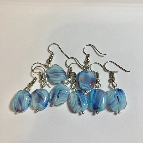 Murano Art Glass Swirl Bead Earrings Rectangle Blue White Silver Plated HandMade - Picture 6 of 7